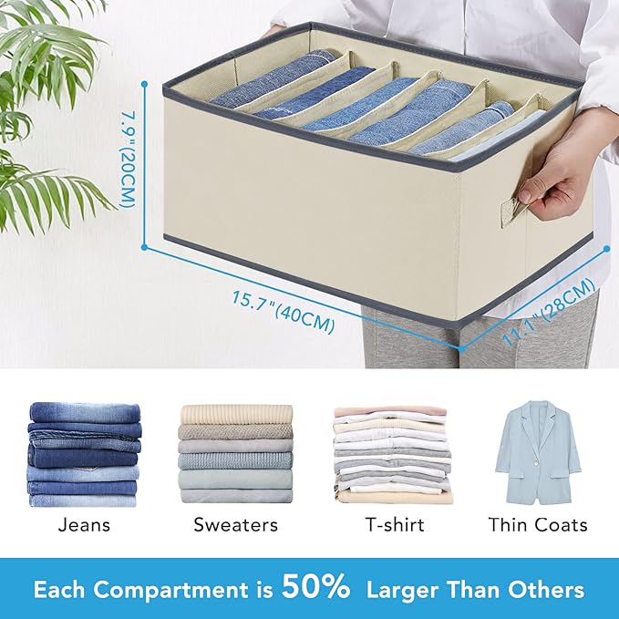 3 Pcs Large Size Wardrobe Clothes Organizers 6 Grids for Pants, Jeans, Sweater, T-shirt, Thin Coat, Dress Stackable Closet Drawer Organizer Storage Bin Container with Sturdy Handles, Beige-NeatNest