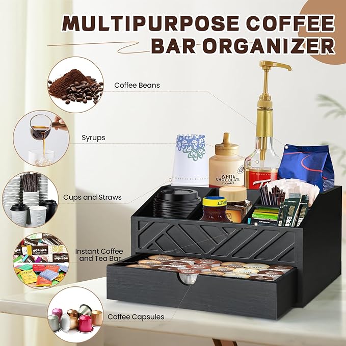 Farmhouse Coffee Bar Accessories Organizer - Countertop Coffee Station with Drawer, Pod Holder & Condiment Organizer (Black)-NeatNest