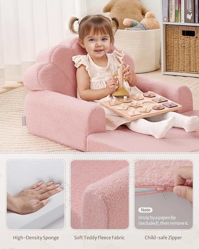 Blissful Diary Kids Couch, 2-in-1 Soft Toddler Couch Fold Out, Toddler Chair Comfy, Convertible Sofa to Lounger, Kids Furniture for Playroom, Gift for Birthday, Children's Day, Pink Shell-NeatNest
