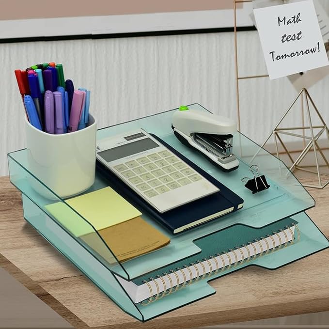 Acrimet Stackable Letter Tray 2 Tier Side Load, Plastic, Desktop File Organizer (Clear Green Color)-NeatNest