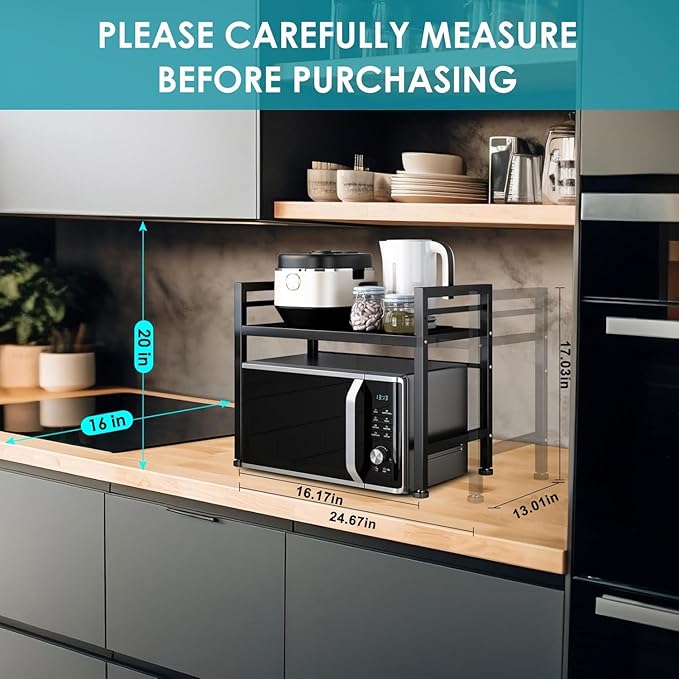 DOLALIKE Microwave Oven Rack, Expandable Microwave Stand Countertop Kitchen Utensils Tableware Storage, Carbon Steel Over Microwave Shelf Countertop with 3 Hooks-NeatNest