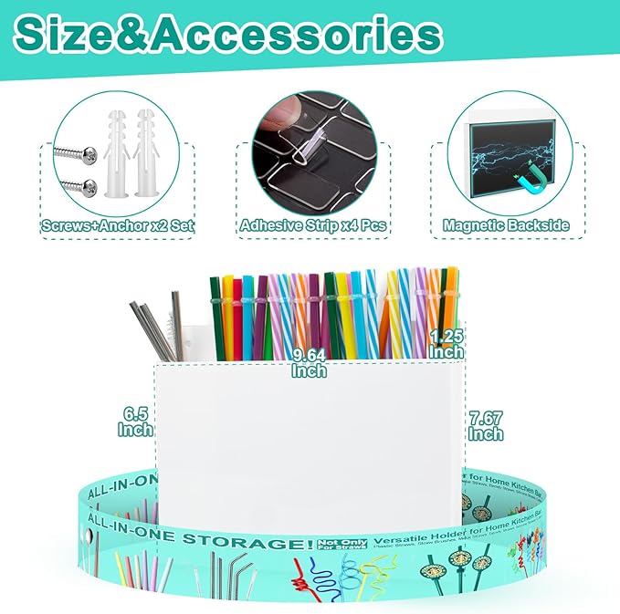 Acrylic Straw Holder for Cabinet Door, Reusable Straw Organizer with Removal Adhesive Tapes, Magnetic Mount, Drinking Straw Storage Container for Kitchen Bar Counter Cupboard 1 Pack