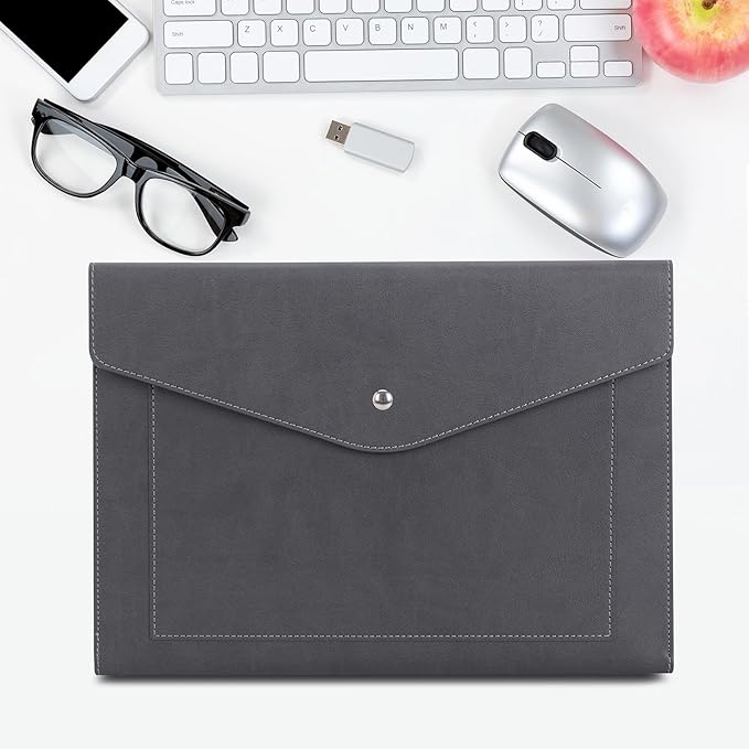 Wason Expanding A4 Document File PU Leather Envelope Case Holder-Large Size Pockets for Paper Bills Stationery Tablet and PC, Work Study Traveling (Grey)