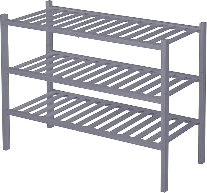 3 Tier Bamboo Shoe Rack for Closet Free Standing Wood Shoe Shelf Storage Organizer for Entryway Small Space Stackable 27"x11"x20" (Grey)-NeatNest