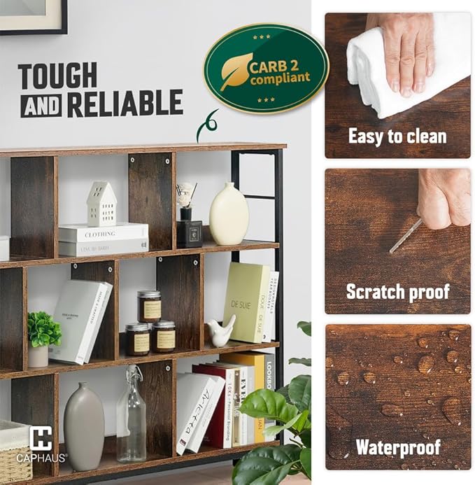 CAPHAUS 10 Cube Storage Organizer, 48” Wide 3 Tier White Industrial Open Shelf Bookcase, Display Shelf, Horizontal Bookshelf with Metal Frame, Wooden Board, for Living Room, Bedroom, Office-NeatNest