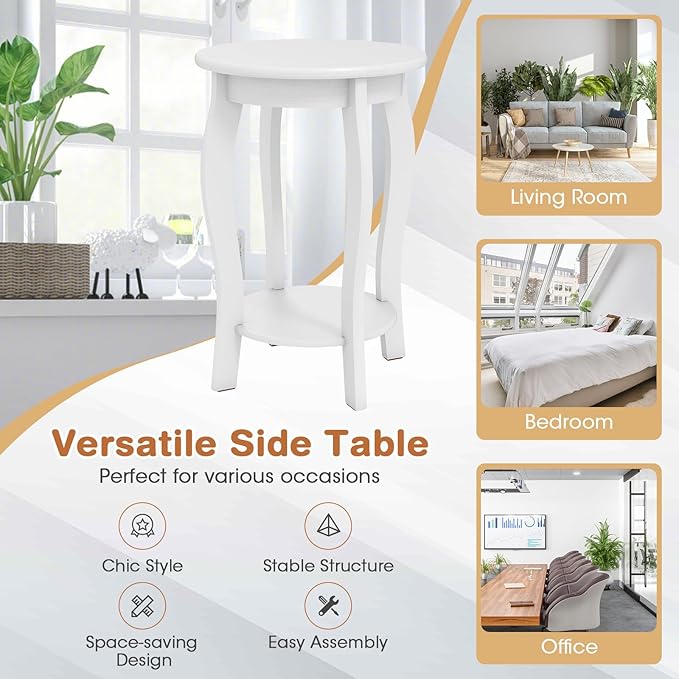 GOFLAME 2-Tier Round End Table, Mid-Century Modern Sofa Side Table with Storage Shelf, Solid Wood Legs, Compact Accent Table, Nightstand for Living Room, Bedroom, Small Space, White