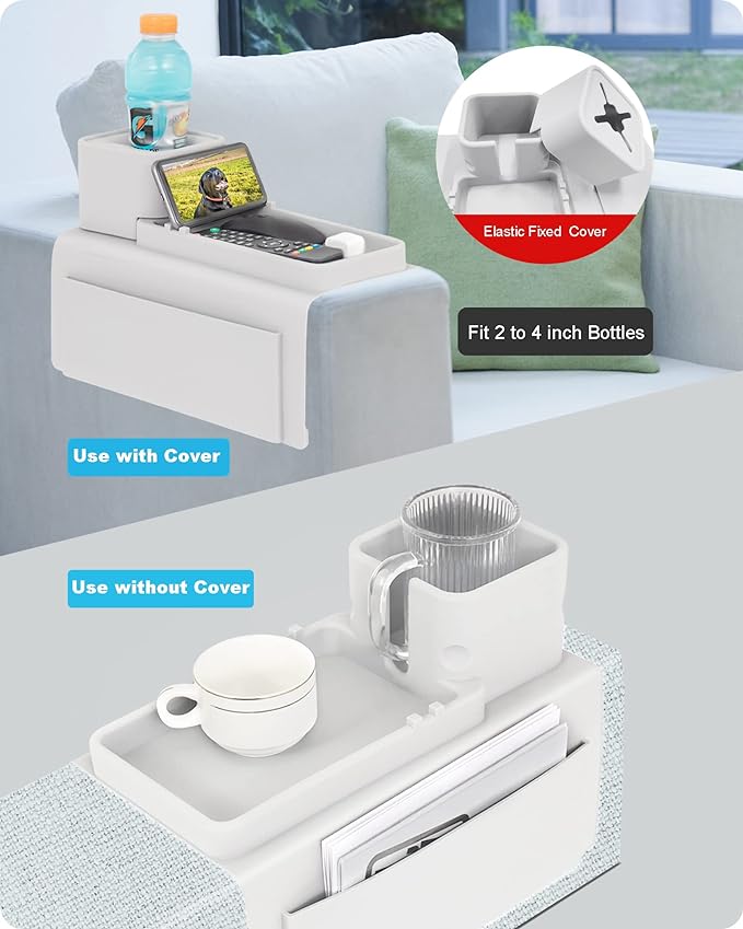 Couch Cup Holder Tray, VIENFUT Silicone Anti-Slip Sofa Armrest Tray with Side Pockets, BPA-Free Anti-Spill Couch Drink Holder for YETI, Remote, Snacks, Cellphone and iPad, Ideal Gift (Griege)-NeatNest