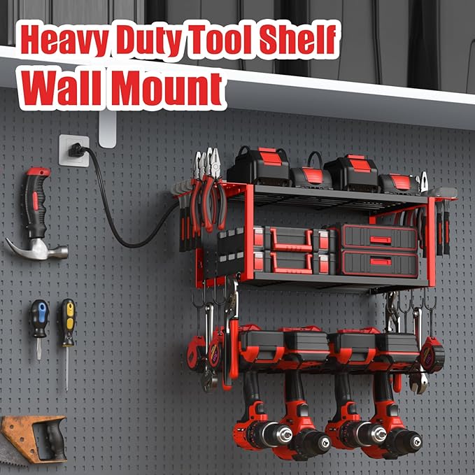 JUNNUJ Tool Organizer with Charging Station, 3 Layers Wall Mount Garage Tools Storage with 8 Outlets Power Strip, 4 Drills Holder Battery Heavy Duty Metal Shelf, Utility Rack with Hooks, Red