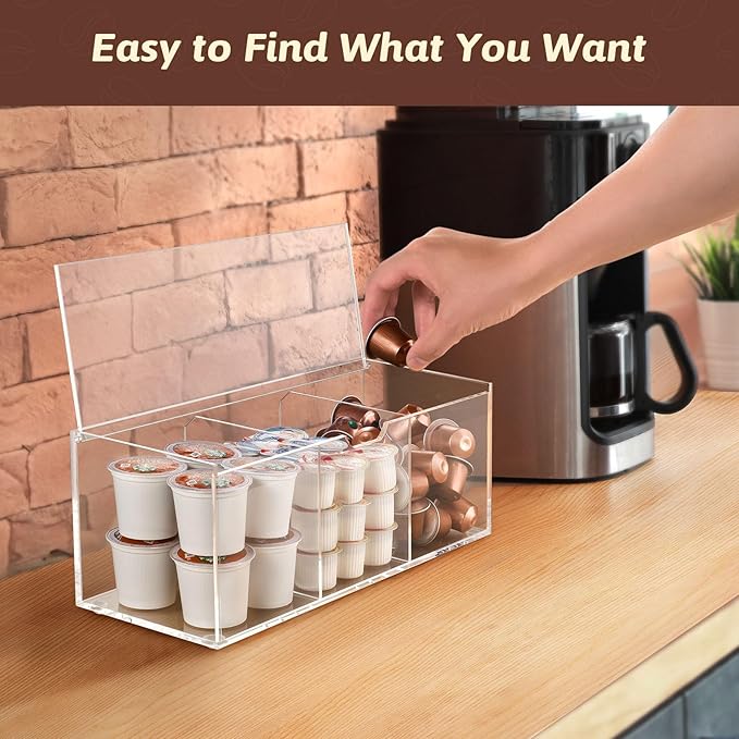 BEYGORM Acrylic Coffee Pod Holder with Lid for 24 Kcup, Clear Coffee Capsule Storage Organizer,3 Compartments Coffee Bar Station Organizer Compatible with Coffee Pod, Coffee Creamer-NeatNest