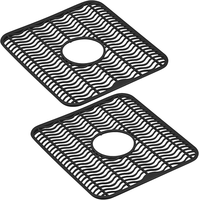 DecorRack 2 Sink Protectors for Kitchen Sink, Plastic 12" x 11" Dish Rack, Protect Sink from Stains, Damage, Scratches, Dishwasher Safe Grid Mat for Kitchen (2 Pack, Black)