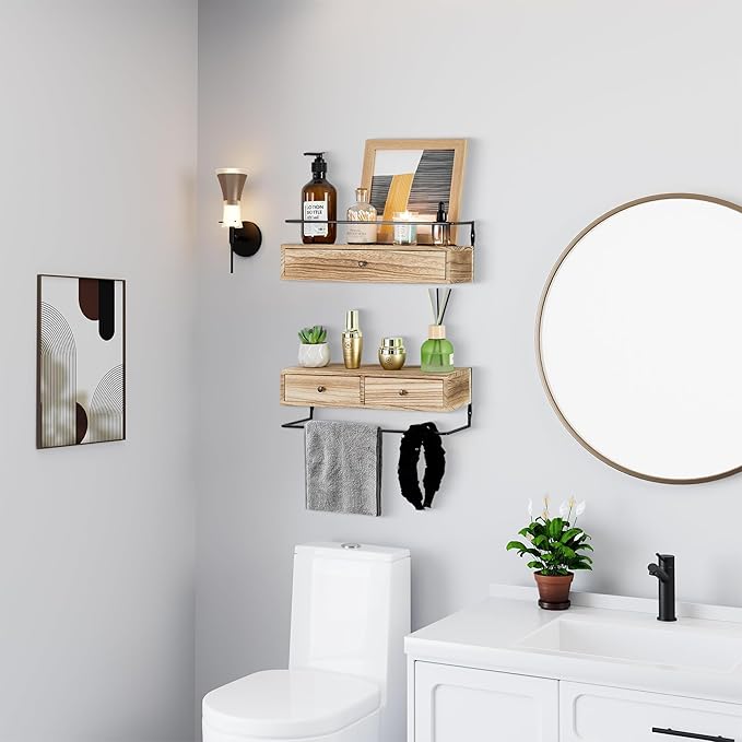 Floating Shelves - Wall Mounted Bathroom Shelf Set of 2 with Drawers, Rustic Wood Shelves for Bedroom, Living Room, Kitchen, Wall Decor, Plants, Books (Brown)-NeatNest