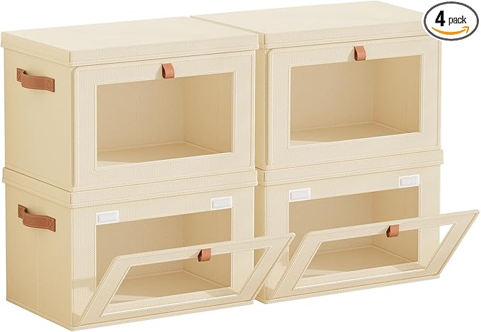 Tuza 4 Pack Foldable Storage Bins - Fabric Decorative Storage Boxes with Handles & Window, Collapsible Organizer for Closet, Shelf, Dorm Room