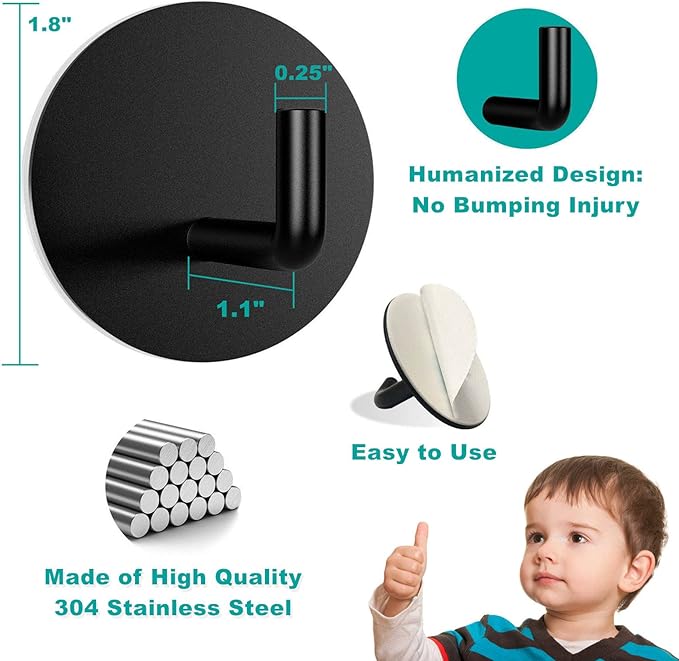 Black Adhesive Hooks 2pcs, Bathroom Towel Heavy Duty Wall Hook 304 Stainless Steel Waterproof for Hanging Robes Towels Hats Bathroom Shower Kitchen-NeatNest
