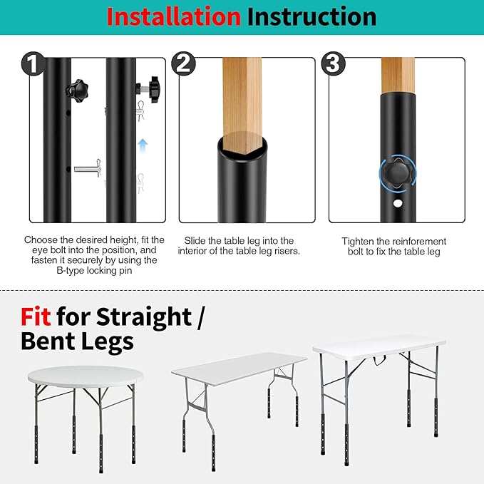 Folding table risers for Folding Tables Straight/Bent Leg, Durable Folding Table Leg Extensions 2 Levels/Heights Table Leg extenders-All for Treating Your Back pain(4-pack) (7.8 In (20cm))-NeatNest