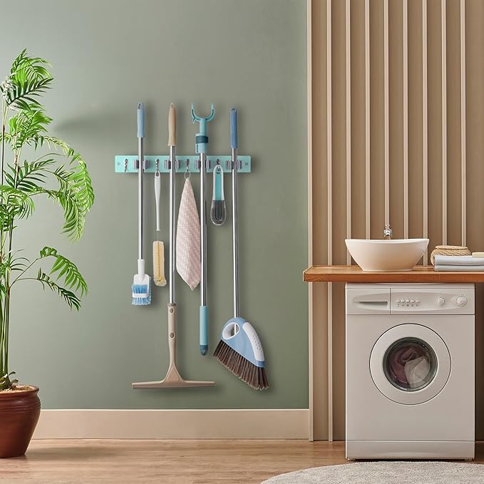 Turquoise Mop Broom Holder Wall Mount with 4 Slots & 4 Hooks - Wood Broom Mop Hanger for Pantry Closet Laundry Room Organization - for Teal Kitchen Decor and Accessories-NeatNest