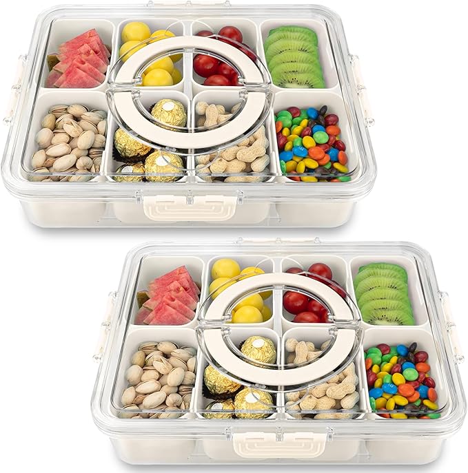 Divided Serving Tray with Lid and Handle,8 Compartments Snacks Box,Snack Fruit Tray,Veggie Tray,Portable Platter for Candy Fruits Nuts Snack Party Entertaining Picnic(2 PCS)-NeatNest