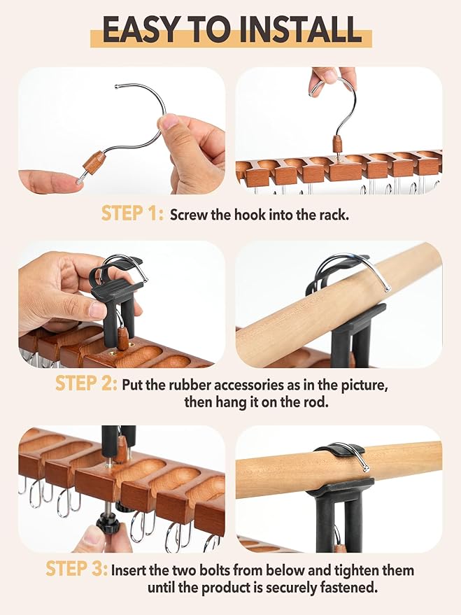 Belt Hanger for Closet, Innovative Design to Prevent Tipping/Alder Wood/ 12 Slots + 10 Hooks, Belt Rack, Versatile Belt Organizer (Brown)-NeatNest