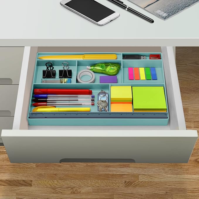 Acrimet Desk Drawer Organizer Tray with 8 Compartments – Multi-Purpose Bin for Office Supplies, Makeup, and Accessories – Fits inside Drawers or Desktops, 12.75" x 8" x 1.06" (Plastic) (Green Color)-NeatNest