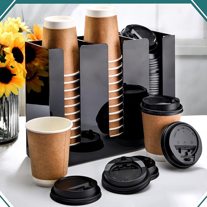 3 Compartments Acrylic Coffee Cup Dispenser Organizer Paper Cup Lid Sleeve Holder Organizer Coffee Shop Supplies Holder Storage for Counter Wall(Black)-NeatNest