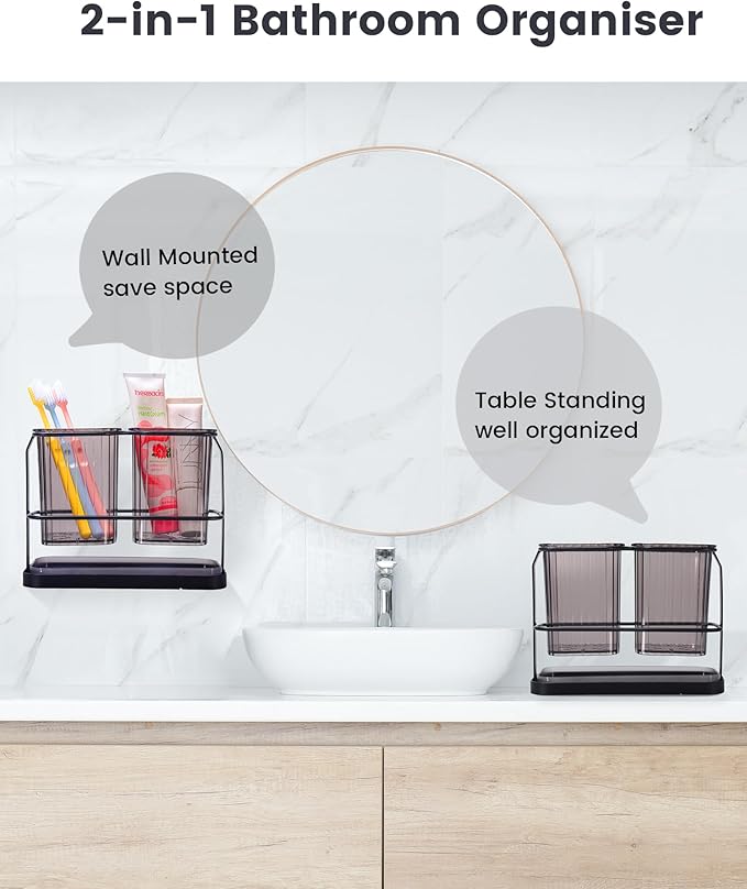 KONE Black Toothbrush Holders for Bathrooms, 2 Cups Toothbrush Holders Wall Mounted, Dry & Wet Separation, Bathroom Organizers and Storage, Bathroom Toothbrush Holder Set for Family Kids