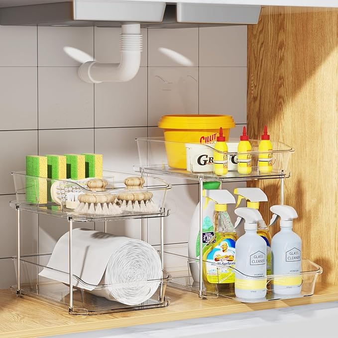 Delamu 2 Sets of 2-Tier Clear Under Sink Organizers and Storage, Multi-Purpose Stackable Bathroom Cabinet organizers, Pull Out Kitchen Pantry Organization and Storage with Dividers-NeatNest