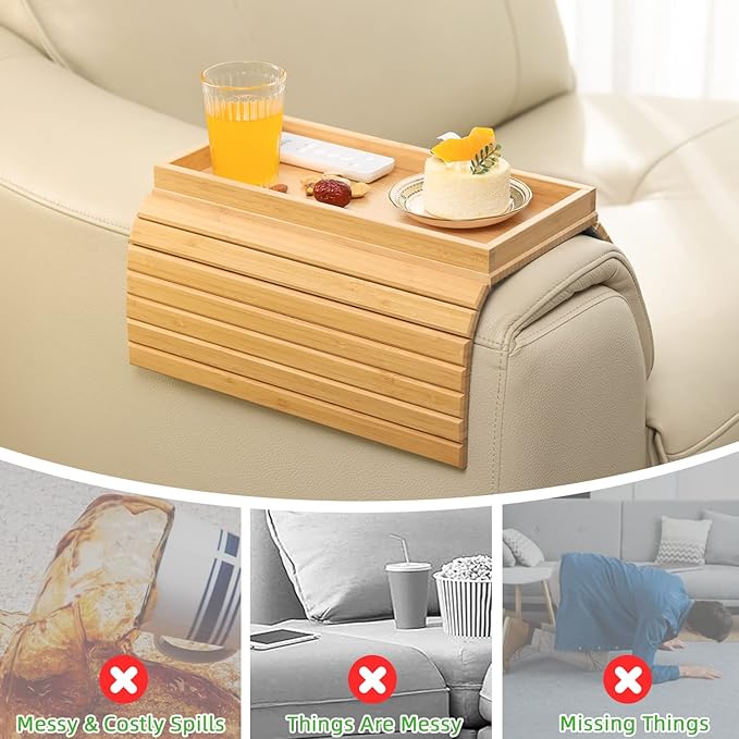 GEHE Bamboo Sofa Arm Tray, Foldable Couch Arm Tray Side Table, Anti-Falling Armrest Tables Cup Holder for Snacks, Drinks, Beers, Phone, Control, Flexible and Portable, Anti-Slip Bottom-NeatNest
