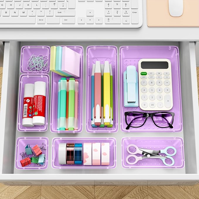 12-Piece Drawer Organizer Set, 4 Sizes Versatile Plastic Vanity Organizer for Makeup, Stationery, Gadgets, in Kitchen, Bathroom, Office, and Bedroom, Purple-NeatNest
