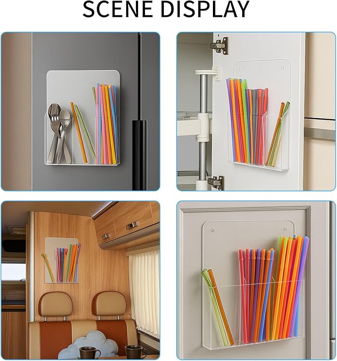 Acrylic Straw Holder for Cabinet, Large Capacity Thickened 9.4"x7.8" Adhesive Cabinet Door Organizer,Drinking Straws Dispenser,Organizer for Cupboard Reusable for Kitchen