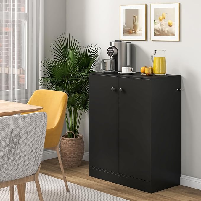 Giantex 2 Door Storage Base Cabinet - Freestanding Floor Cabinet with 3-Tier Shelf, Non-Slip Foot Pads, Kitchen Cupboard Storage Organizer for Living Room, Hallway, Entryway, Office (Black)