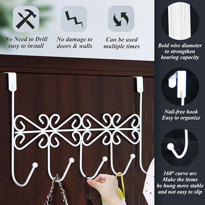 Over The Door Hook,Over Door Towel Rack,Over Door Coat Rack,Door Hanger Hook,Clothes,Belt, Hat,Behind Back of Bathroom, Towel Hanger 5 Hooks,White.