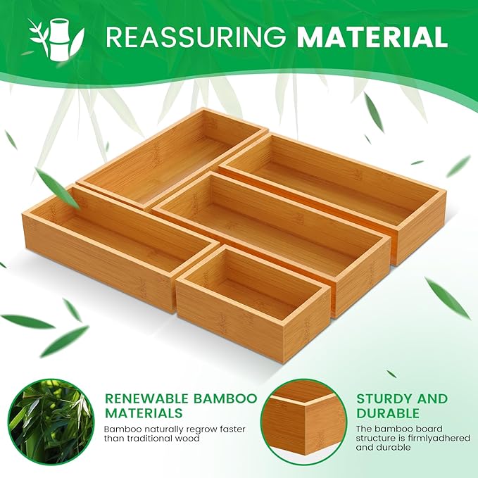 Bamboo Drawer Organizer Set, 5-Piece Storage Trays for Kitchen, Bathroom, Office Desk, Makeup & Junk Drawers,Utensils-NeatNest