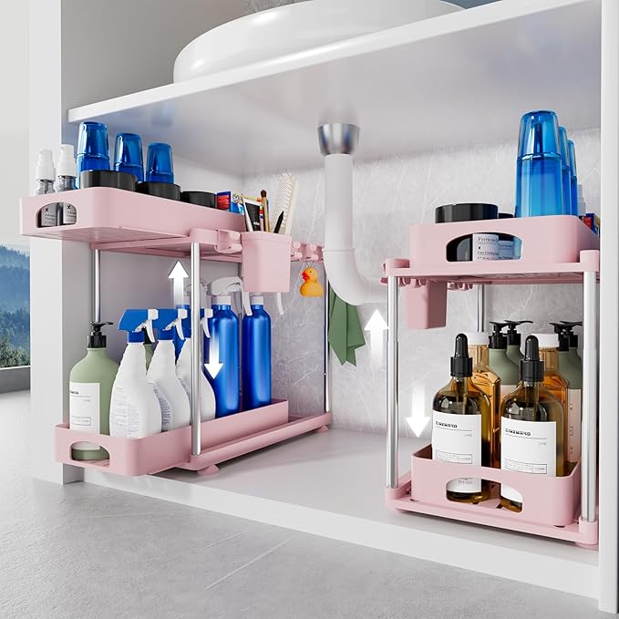 Under Sink Organizer, 2 Pack Kitchen and Bathroom Cabinet Organizer, 2 Tier Adjustable Height Storage, Pink-NeatNest