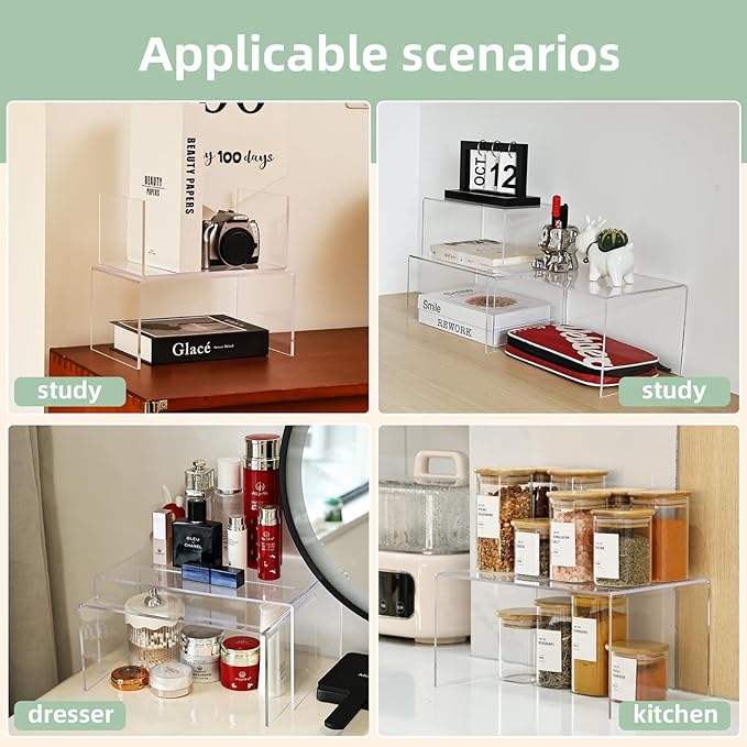 3 Pieces Clear Cabinet Organizer, 5mm Acrylic Kitchen Shelves Organizer Spice Rack Clear Display Shelves, Room Decor Pantry Countertop Desk Organizer Shelves-NeatNest