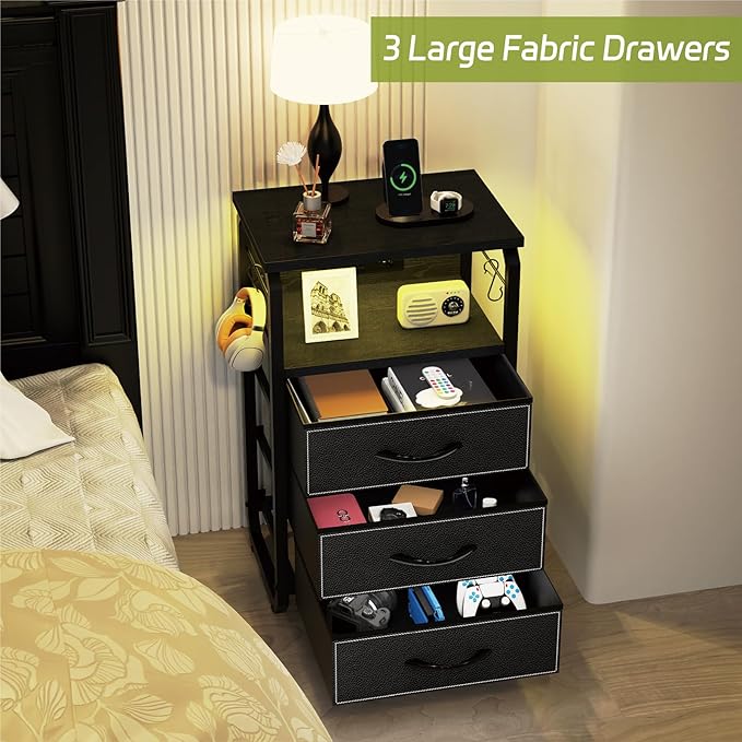 Bed Side Table with 3 Fabric Drawers, Black Night Stand, LED Nightstand with Hooks, Bedside Table with Charging Station, End Table with Storage, Night Table for Living Room, Bedroom, Dorm-NeatNest