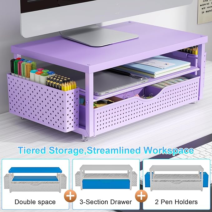 gianotter Wood Monitor Stand Riser, Desk Organizer with Drawer and 2 Pen Holders, 2-Tier Workspace Organizer for Office Supplies (Purple Wood)-NeatNest