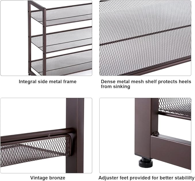 SONGMICS Shoe Rack, 3-Tier Shoe Organizer, Metal Shoe Storage for Garage, Stackable Shoe Shelf, with Adjustable Flat or Angled Shelves, 9-12 Pairs, Bronze ULMR03A-NeatNest