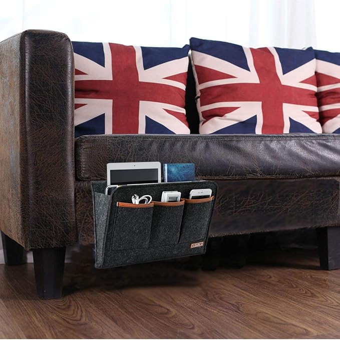 Bedside Caddy, Large Size Storage Organizer with 6 Pockets for Magazine, Remotes, Phone (13.4'' x 18.1'', Dark Grey)-NeatNest