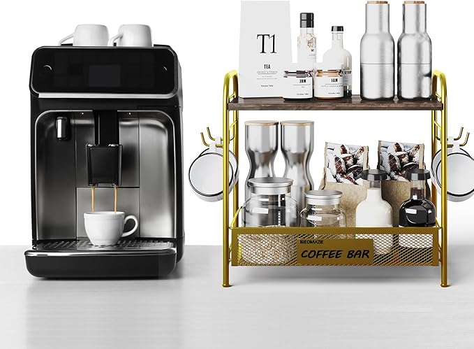 Coffee Bar Organizer for Countertop Station, Simple Assembly 2 Tier Shelf for Home,Office, Coffee Cup Holder Storage Organization for Counter Accessory Storage Rack with 4 Hooks Space-Saving-NeatNest