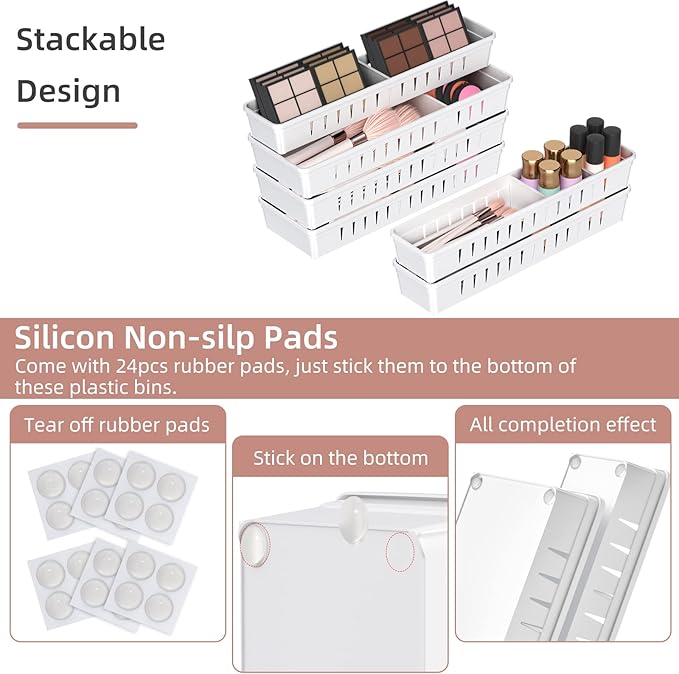 6 PCS Desk Drawer Organizer, Bathroom Drawer Organizer Trays with Dividers Adjustable, Makeup Organizer Bins for Vanity Clothes Junk Kitchen Utensil