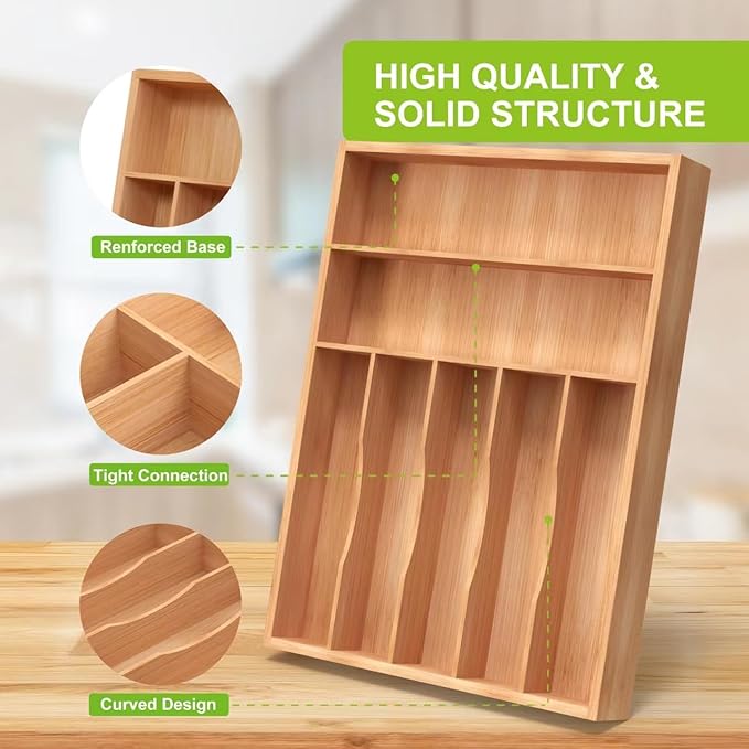 Bamboo Utensil Drawer Organizer, Silverware Tray Organizer, Kitchen Drawer Organizer for Flatware Cutlery, Silverware Tray for Drawer (brown, Large 16.5x12.3 Inch)-NeatNest