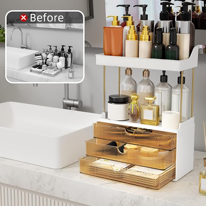 3 Drawers Makeup Organizer - 5 Tier Bathroom Organizers and Storage, Versatile Perfume Vanity Organizer, Ideal for Cosmetic, Large Skincare, Face Mask, Office Supplies, Amber-NeatNest