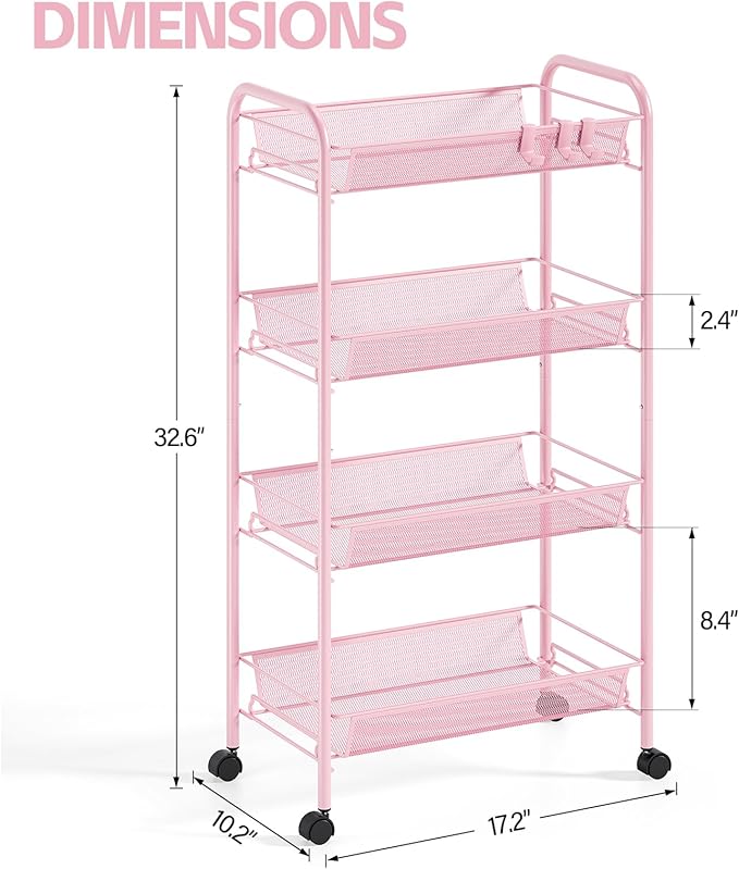 4-Tier Metal Utility Cart, Mesh Wire Rolling Cart on Wheels, Storage Trolley with Easy Assembly, Organizer Craft Cart 3 Hooks, Mobile Shelving Unit for Bathroom, Laundry Room, Home