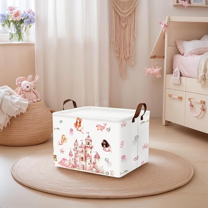 Cute Rectangle Baby Girl Gift Basket Toy Storage Bin Nursery Playroom Bedroom Decor (Pink Castle)-NeatNest