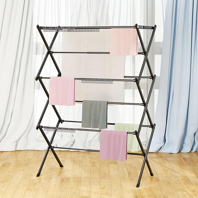 3-Tier Clothes Drying Rack|Drying Rack Clothing Foldable|Antirust Laundry Drying Rack|Small Dry Rack for Clothes|Dorm Clothes Drying Rack- Pure Black