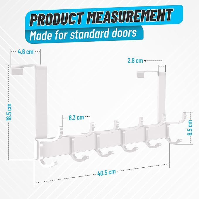 Door Coat Hanger, 6 Double Hooks - Carbon Steel & Aluminum Door Mount Hanger with Adjustable Easy Install for Clothes, Hats, Keys, Towel Storage-NeatNest