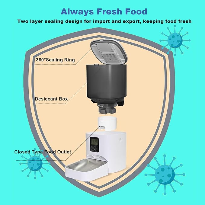 Automatic Cat Feeder, 6L Cat Food Dispenser with 10s Voice Recorder, Pet Feeder up to 8 Meals per Day, Timed Feeder with Dry Food Sealed Ring (Jade White, 6L)-NeatNest