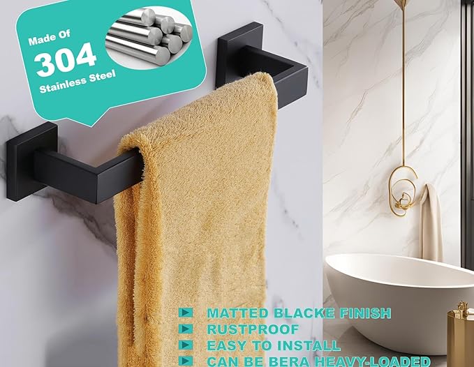 12 Inch Towel Bar for Bathroom 12/16/24/28/32/36 Inch Kitchen Towel Holder Matte Black Towel Rod Wall Mounted SUS304 Rustproof Towel Rack Modern Square Design (1, Matte Black, 12 Inch)
