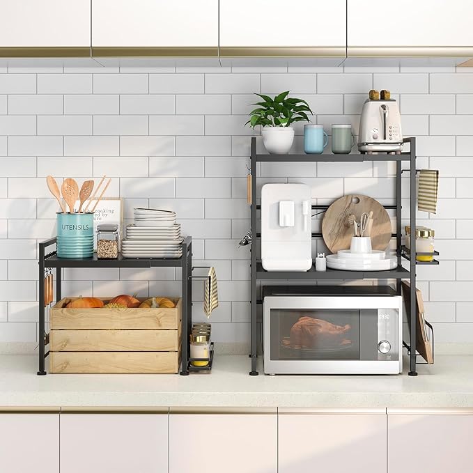 DOLALIKE Microwave Oven Rack, Expandable Microwave Stand Countertop Kitchen Utensils Tableware Storage, Carbon Steel Over Microwave Shelf Countertop with 6 Hooks-NeatNest