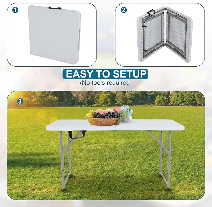 BomYees 4FT Folding Table Plastic Camping Table Portable Picnic Table for Easy Storage, Ideal for Outdoors Camping, Picnics, Parties Wedding & Indoor Events with Carrying Handle,White…-NeatNest
