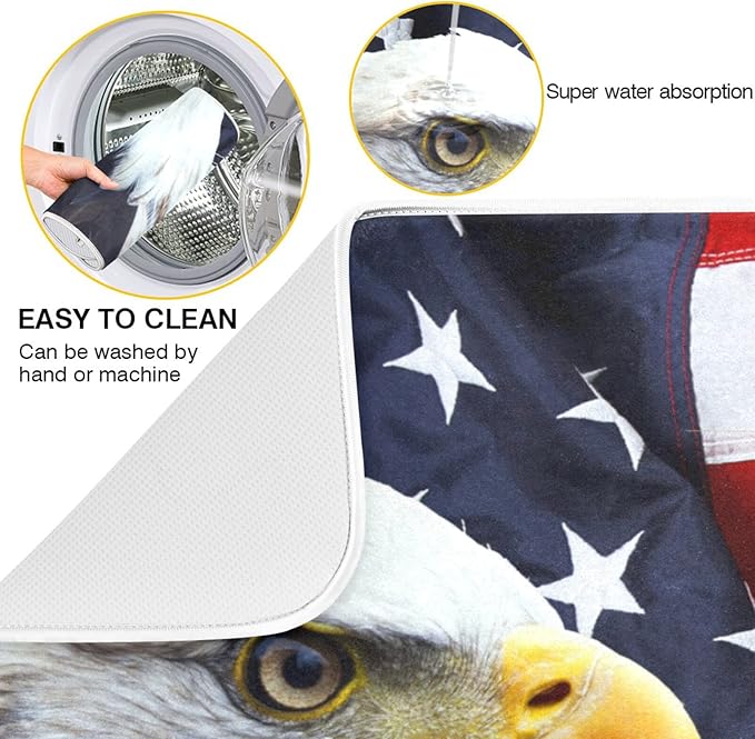 Absorbent Dish Drying Mat for Kitchen Counter - Flag Eagle American Microfiber Drying Pad, Reversible Drainer Mats for Countertop, Small 16" x 18"